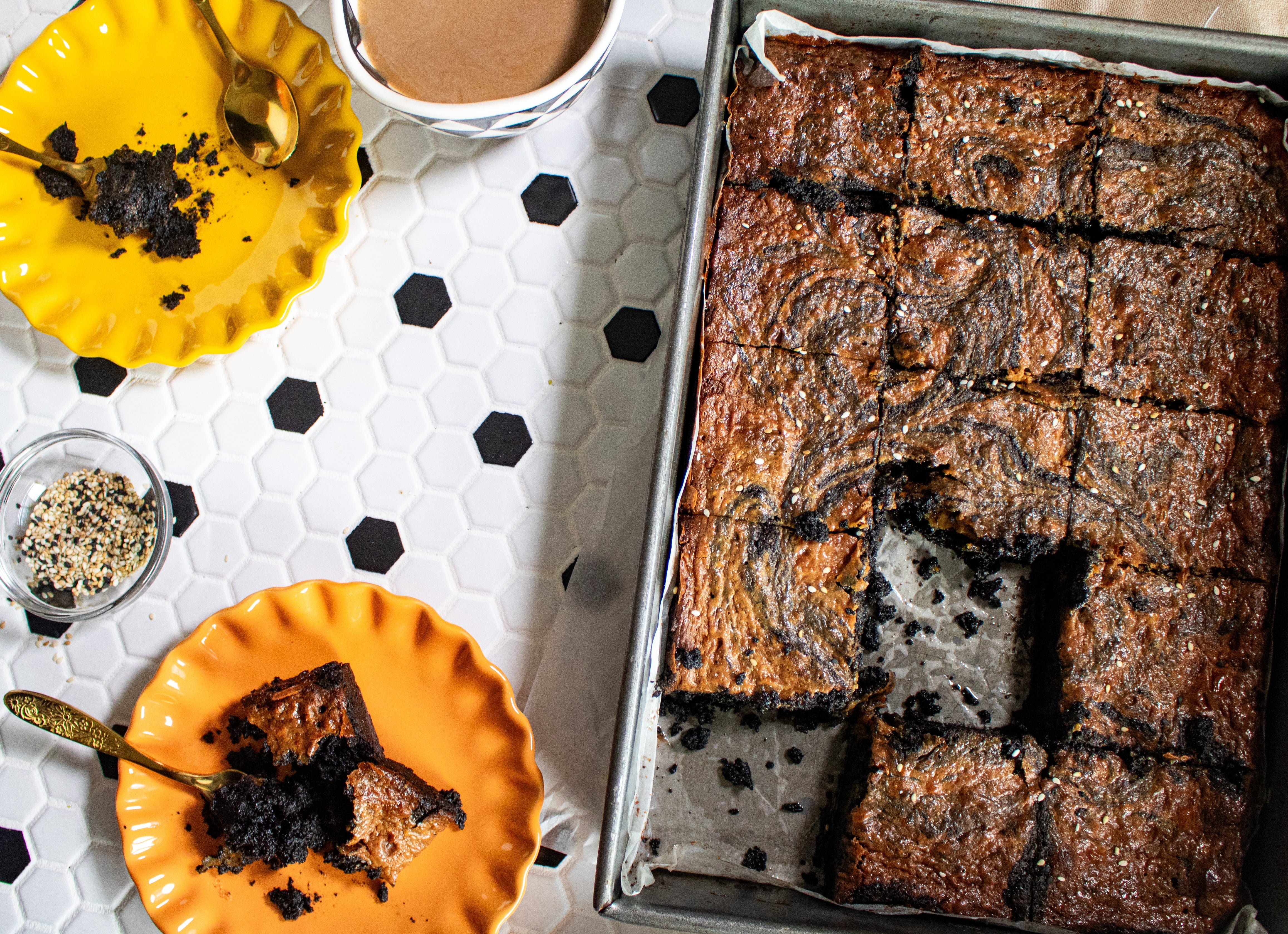 Black Sesame Brownies with Salted Caramel Swirl – Fudgy, Bold, and Bittersweet